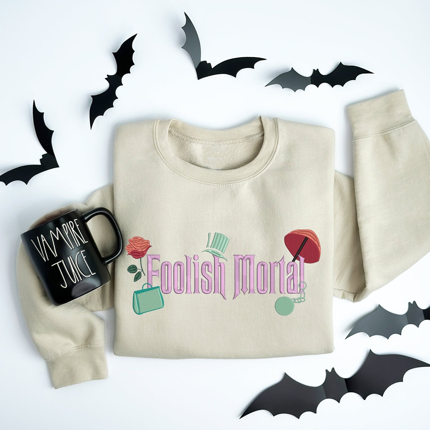 Embroidered Foolish Mortals Sweater