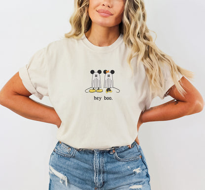 Embroidered Mickey and Minnie Ghost Hey Boo T Shirt
